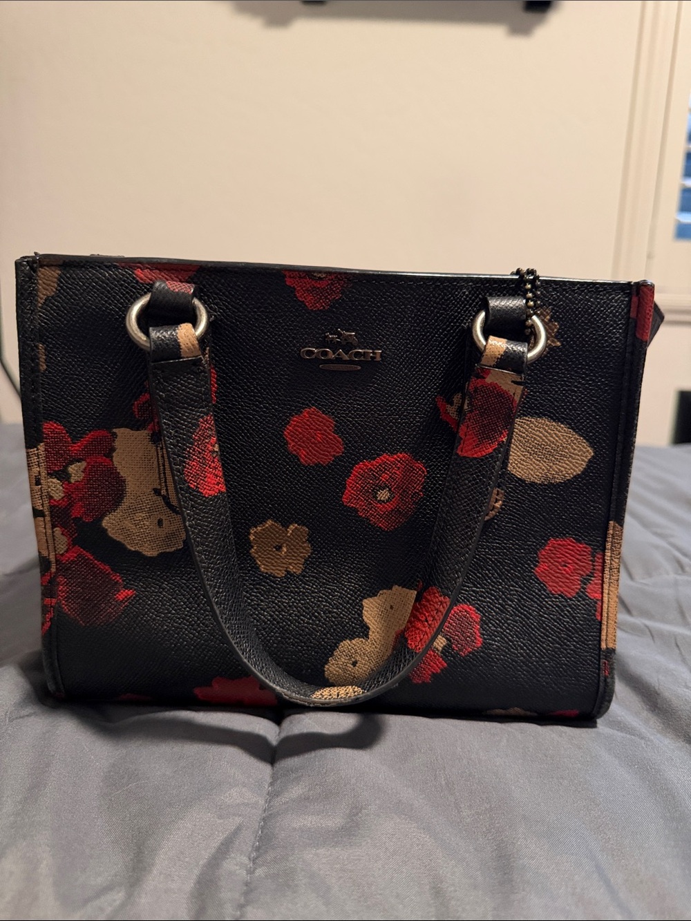 Coach Black Leather Tote with Red & Tan Floral Print